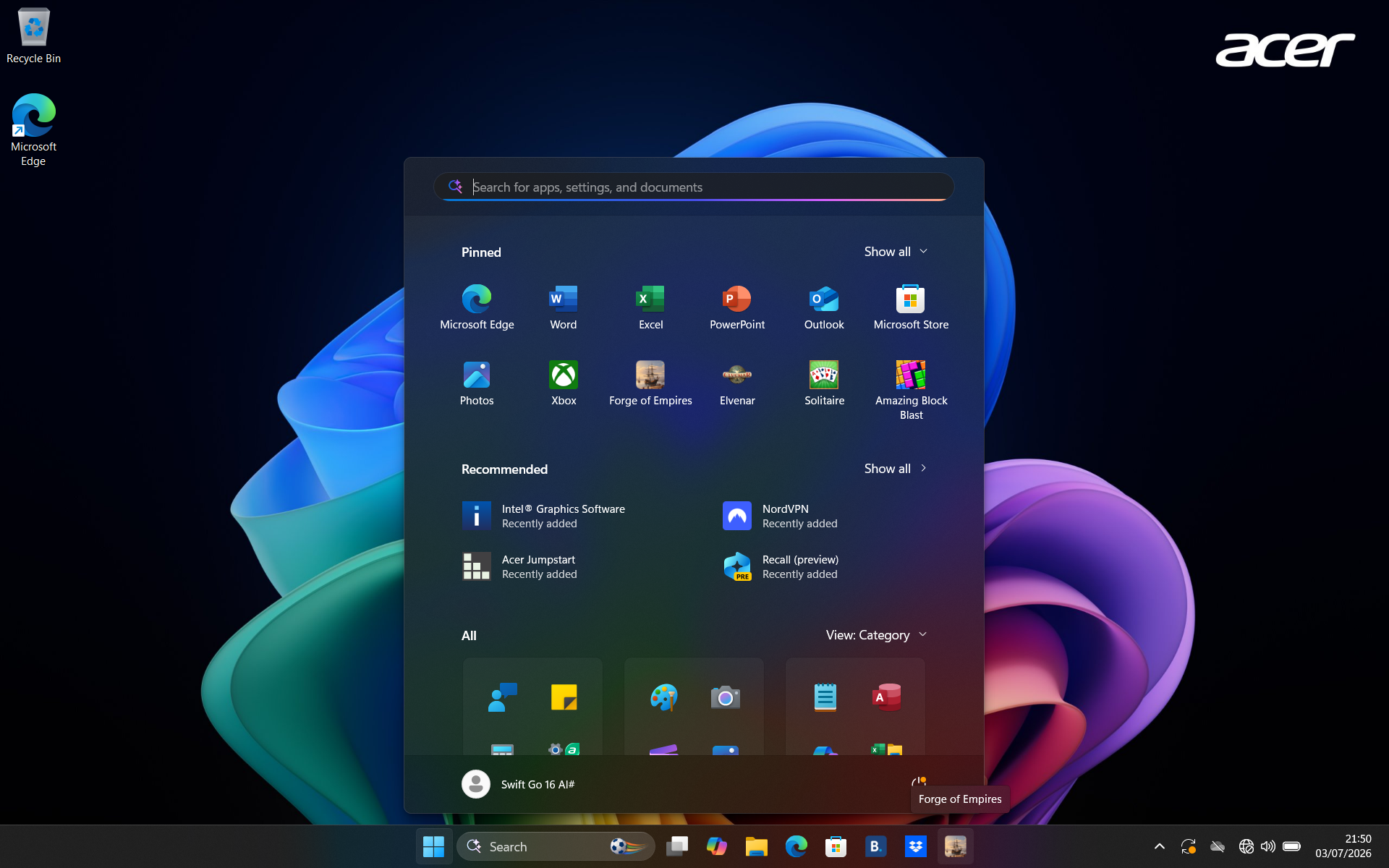 Windows 11 Start menu screenshot showing pinned apps and advertisements preinstalled on the taskbar of an Acer Swift Go 16 AI laptop.