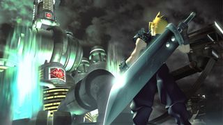 Cloud looks at the Shinra building.