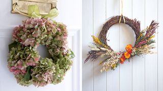 Two seasonal wreaths, from made from fresh hydrangeas the other a woven willow base with dried flowers to show examples of how to decorate fro winter after Christmas
