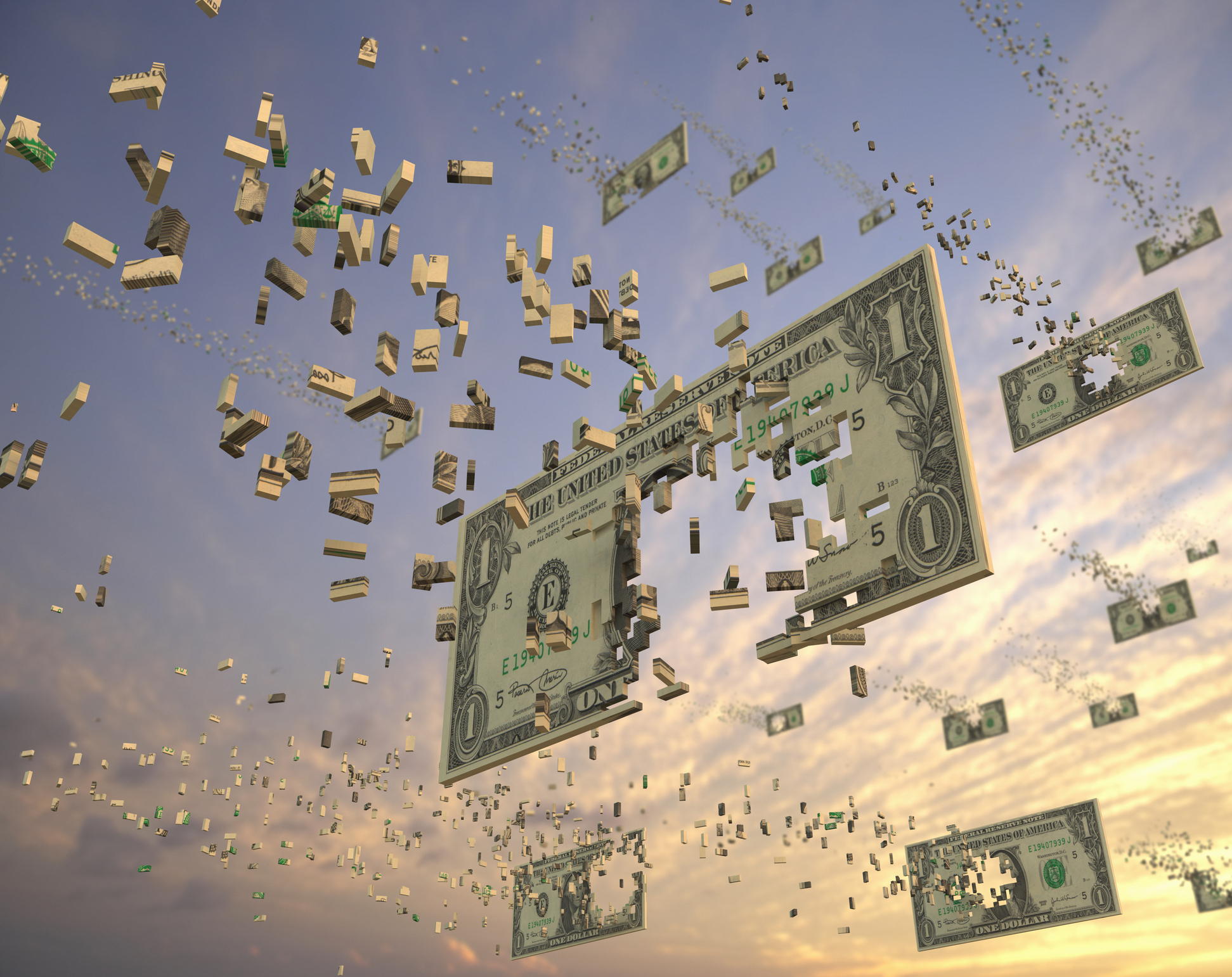 dollar signs disintegrating in the sky
