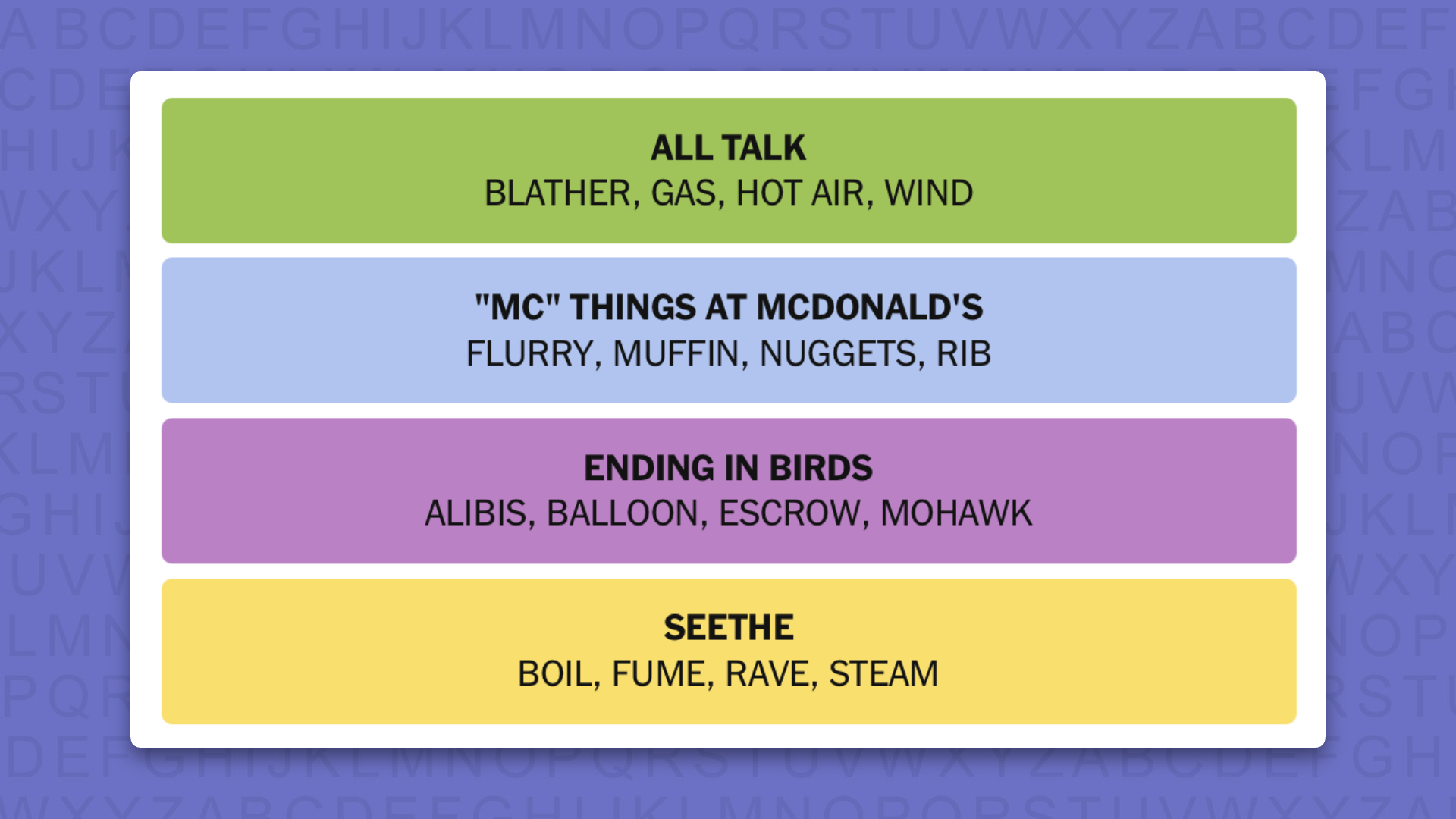 NYT Connections answers for 1226 on a purple background