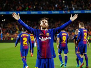 Lionel Messi celebrates after scoring for Barcelona against Real Madrid at the Camp Nou, Barcelona, May 2018