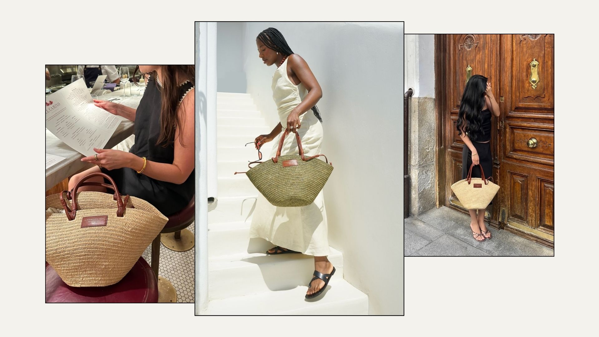 Three women carrying the Sezane basket bag