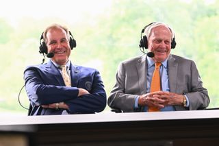 Tournament host Jack Nicklaus visits with Jim Nantz in the CBS broadcast booth during the third round of the the Memorial Tournament presented by Workday at Muirfield Village Golf Club on June 3, 2023 in Dublin, Ohio