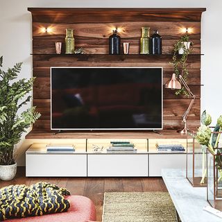 lving room with wooden scandi style unit and smart tv