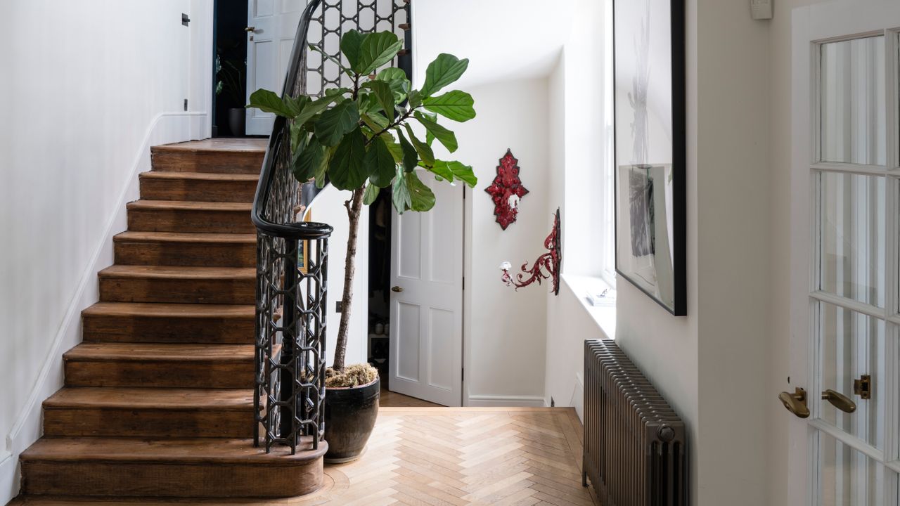 Hallway with wrought iron staircase and houseplant