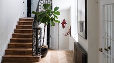 Hallway with wrought iron staircase and houseplant