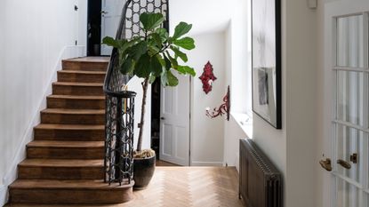Hallway with wrought iron staircase and houseplant