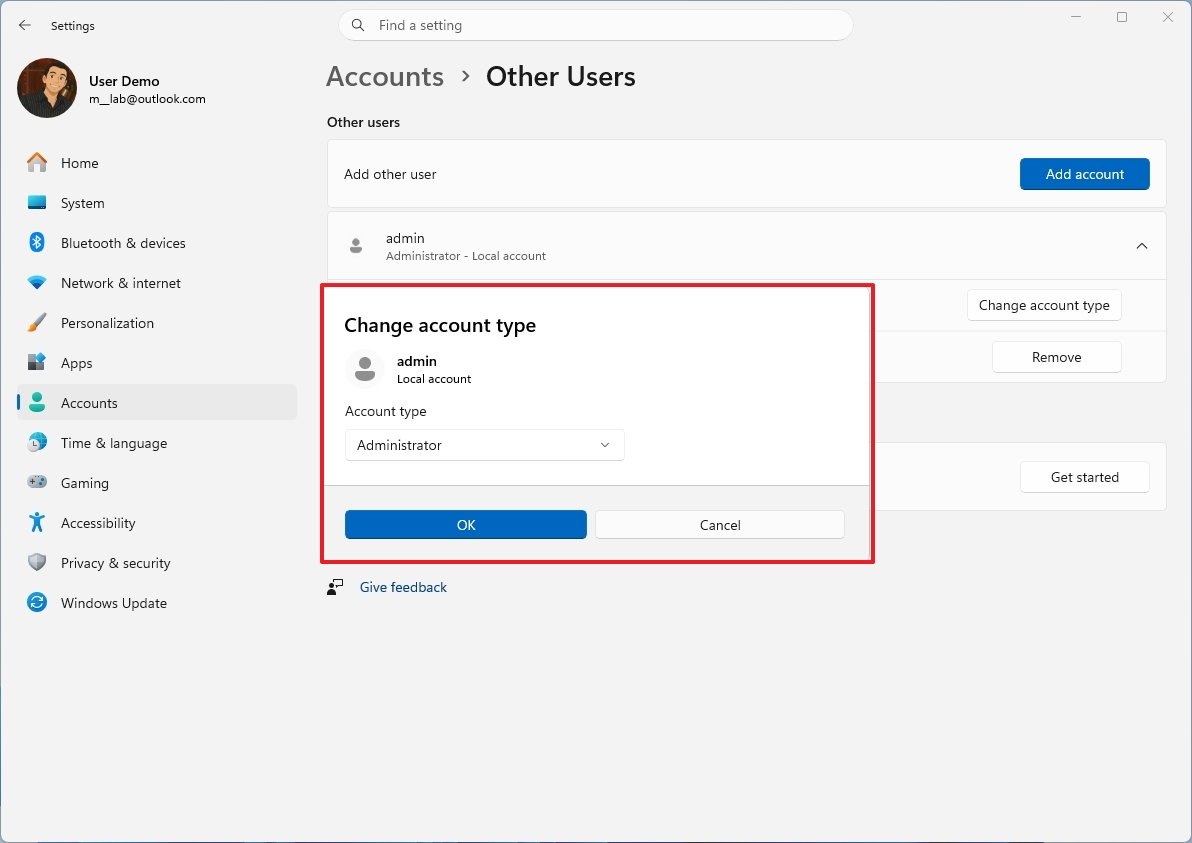 Change account type new dialog