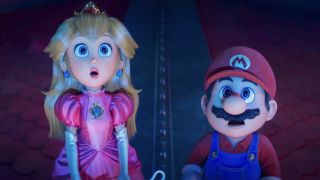 Princess Peach and Mario staring up with wide eyes in The Super Mario Galaxy Movie 