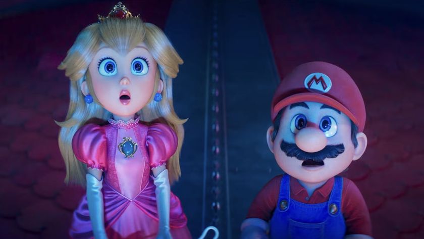 Princess Peach and Mario staring up with wide eyes in The Super Mario Galaxy Movie 