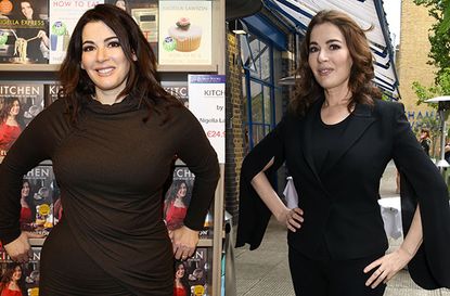 nigella lawson weight loss shown in two before and after pictures side by side.