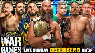 Pete Dunne, LA Knight, Johnny Gargano and Tommaso Ciampa will fight Grayson Waller, Carmelo Hayes, Bron Breakker and (not pictured) Tony D'Angelo on the WWE NXT WarGames 2021 live stream