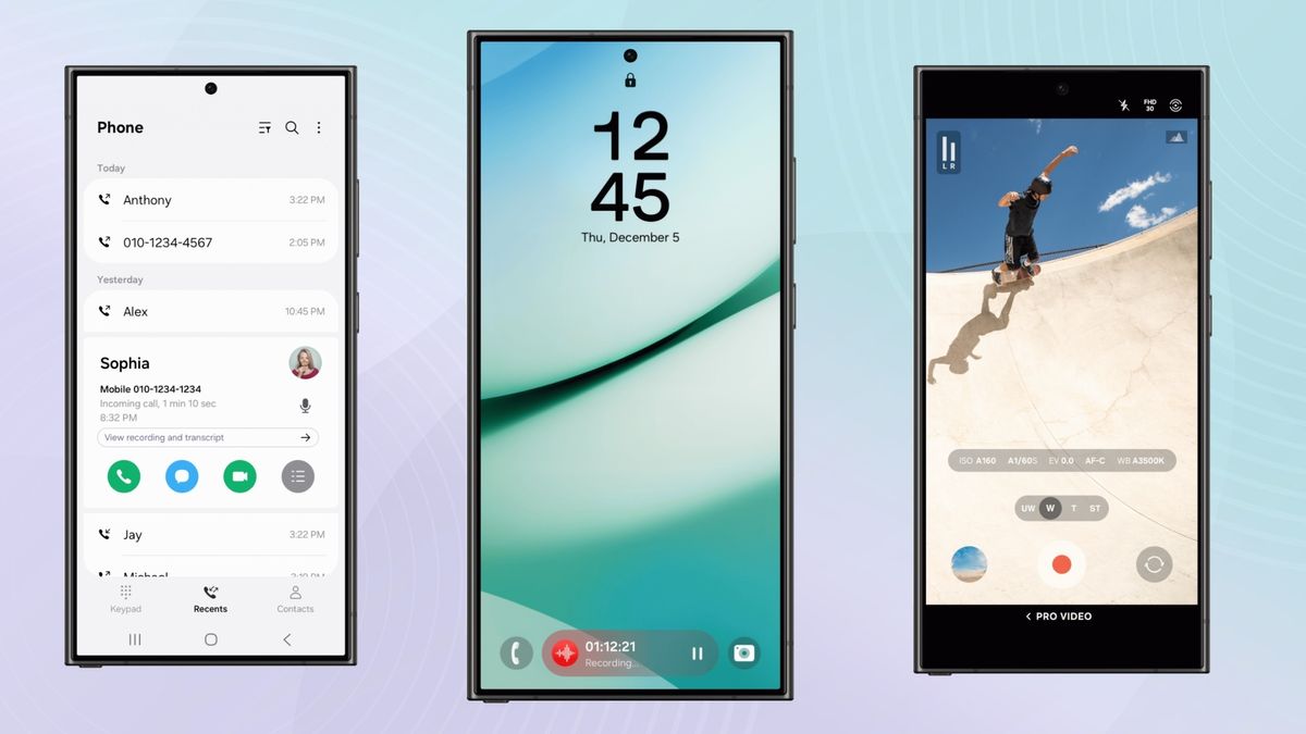 Three screenshots showing different One UI 7 beta interfaces changes and features