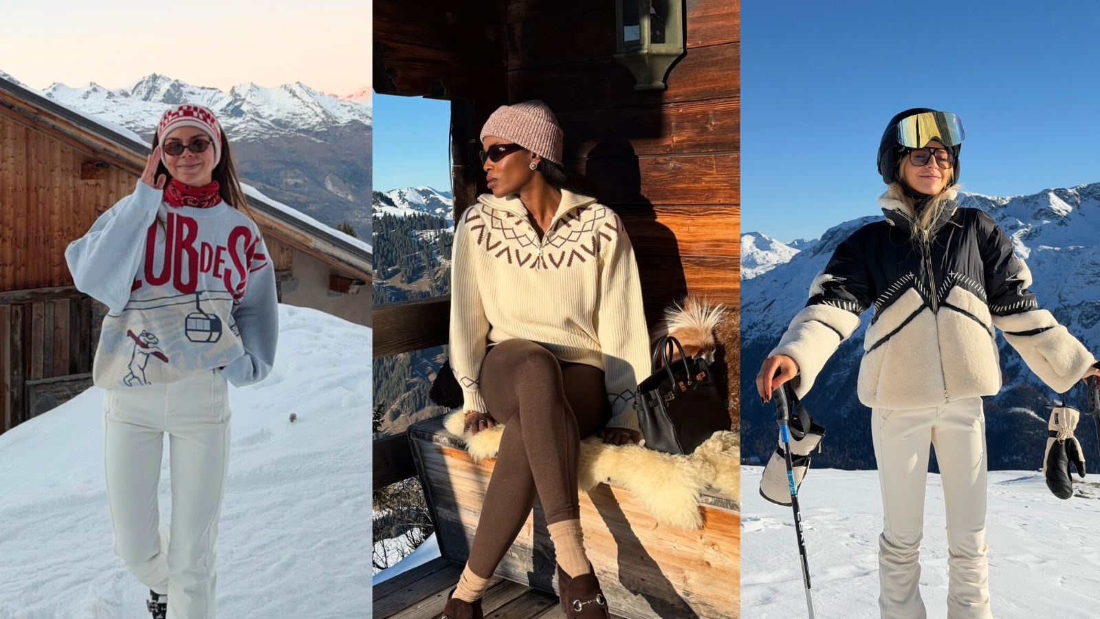 A collage of three women wearing ski outfits and apr&egrave;s-ski outfits.