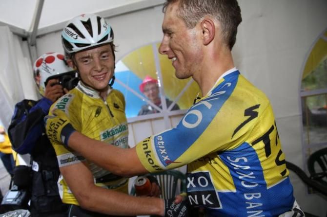 Rafal Majka (Tinkoff-Saxo) gets congratulations from Petr Vakoc