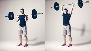 Man demonstrates two positions of the barbell overhead press exercise