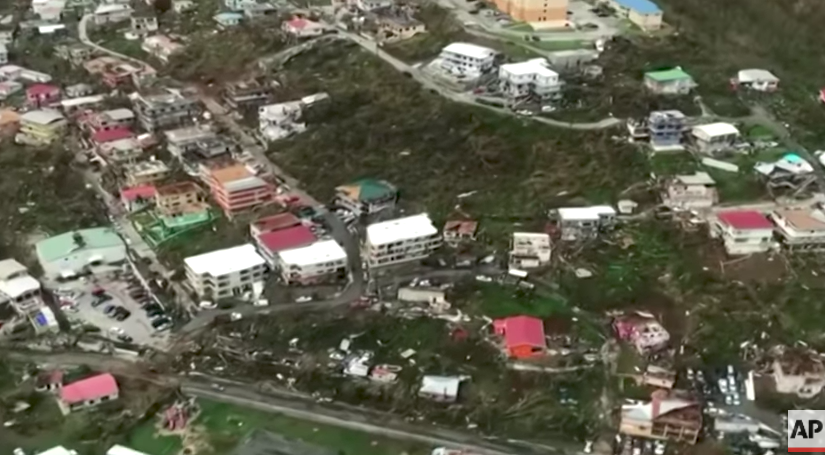 An aerial view of St. Thomas after Hurricane Irma. 