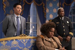 (L to R) Randall Park as Edwin Park, Uzo Aduba as Cordelia Cupp, Isiah Whitlock Jr. as Larry Dokes in episode 101 of The Residence.