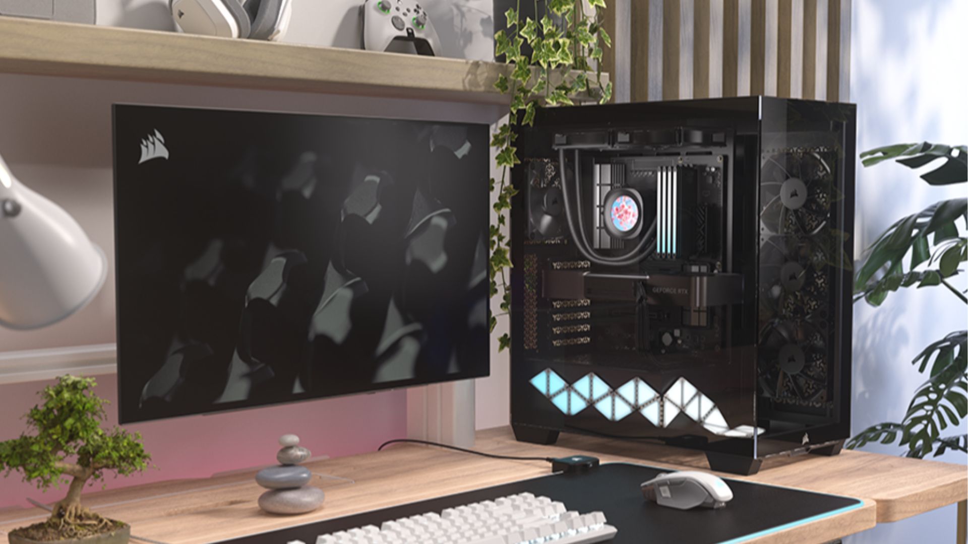 The Corsair Nautilus RS LCD AIO cooler in a marketing image that shows it used in a gaming setup