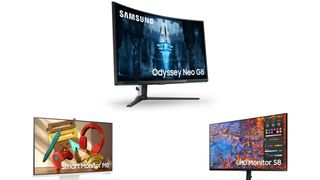 Drei neue Monitore von Samsung auf weißem Hintergrund