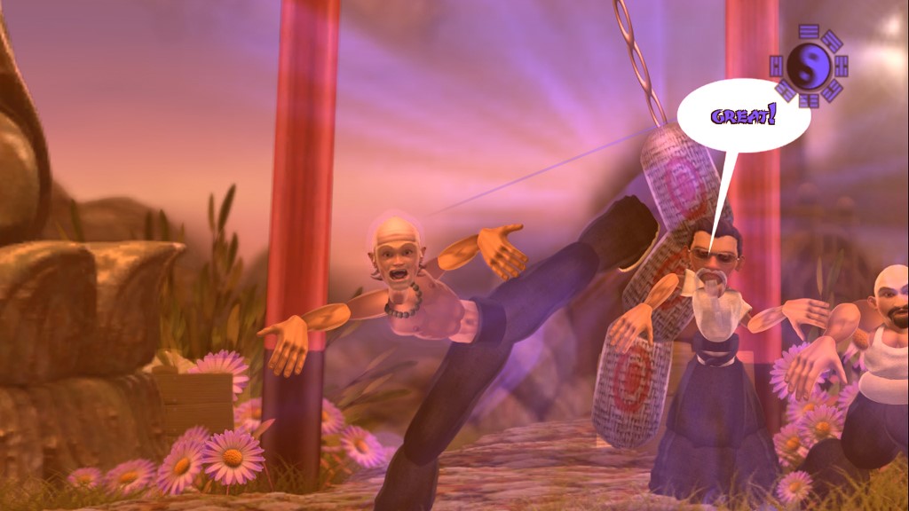 A martial artist kicking a punching bag in Rag Doll Kung Fu. 