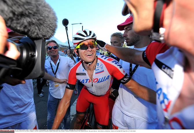 Katusha's Alexander Kristoff celebrates his stage 12 sprint win