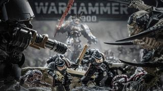 A cinematic shot of Warhammer mini figures poses as if they're about to fight