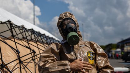 A Ukrainian in a gas mask