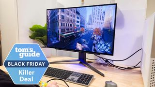 LG UltraGear 27 OLED gaming monitor with Black Friday deal tag superimposed