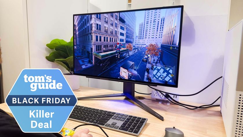 LG UltraGear 27 OLED gaming monitor with Black Friday deal tag superimposed