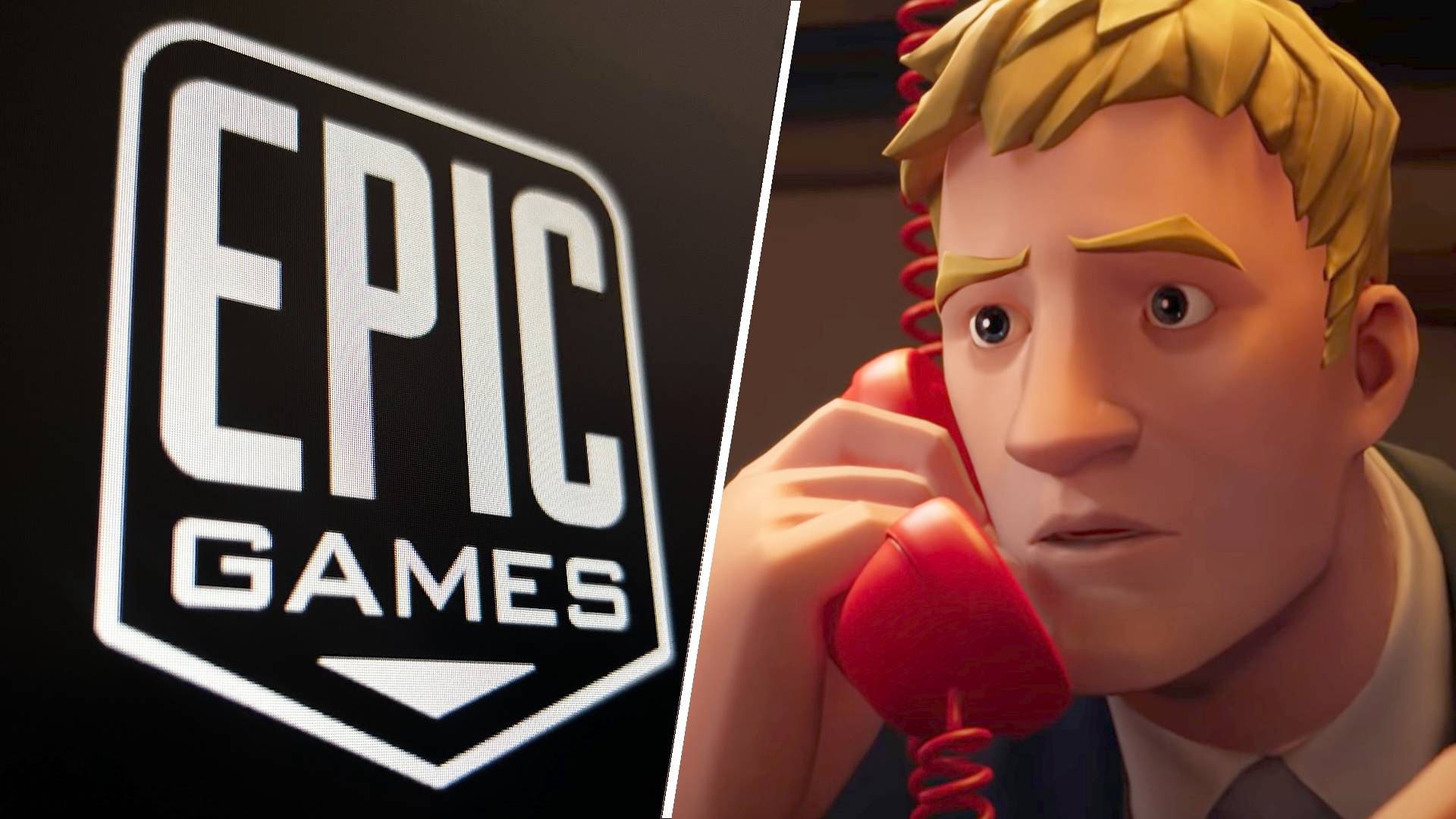 An Epic Games logo on the left, with Fortnite character Jonesy looking shocked on a phone on the right.