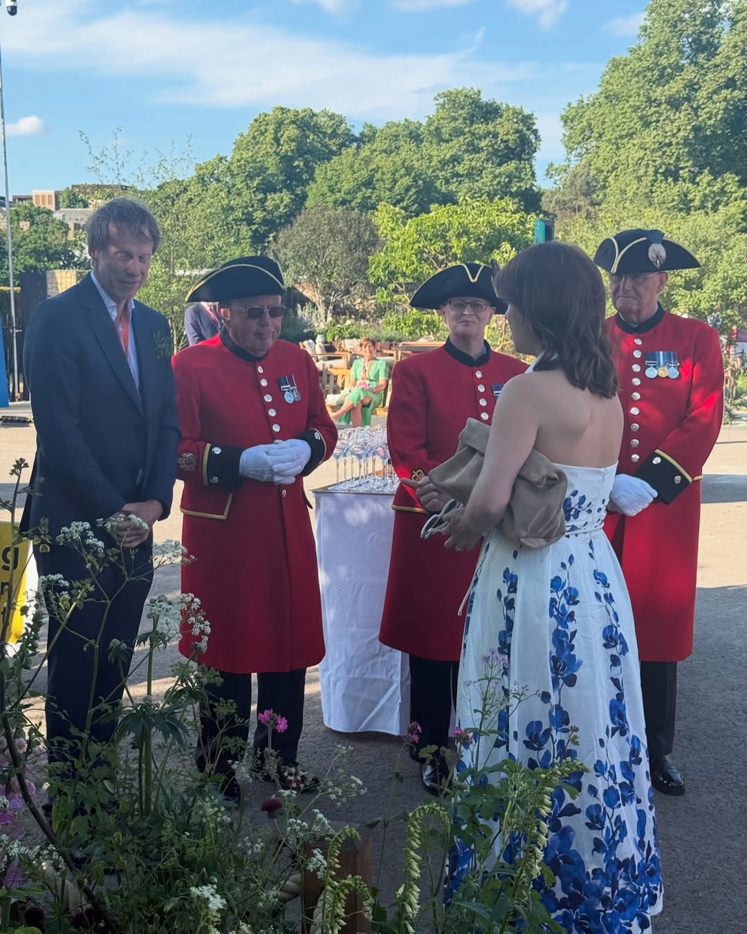 Princess Eugenie talking to the Chelsea Pensioners at the Chelsea Garden Party