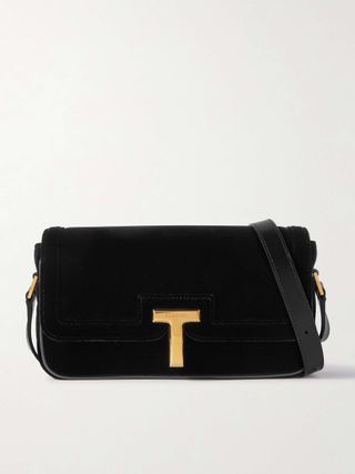 Embellished Leather-Trimmed Velvet Shoulder Bag