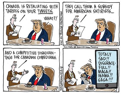 Political cartoon U.S. Canada Trump trade war tariffs tweets comedy