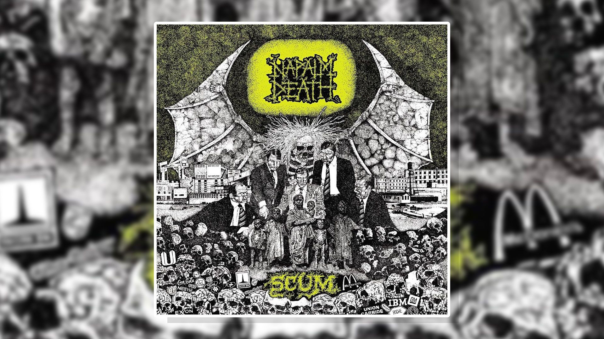 The cover art of Napalm Death's debut album Scum, released in 1987