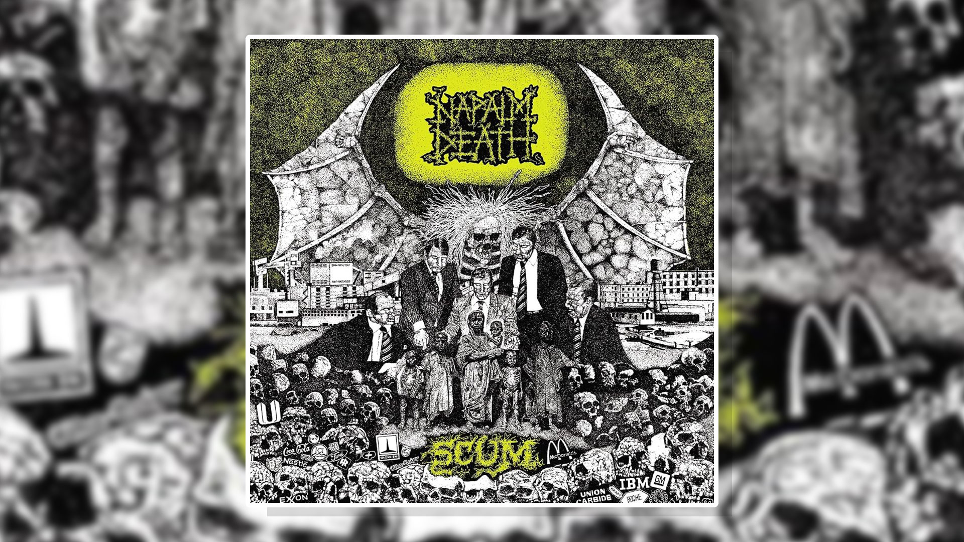 The cover art of Napalm Death's debut album Scum, released in 1987