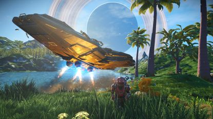 No Man's Sky on PC showing a player traversing planet-side after disembarking from a ship 