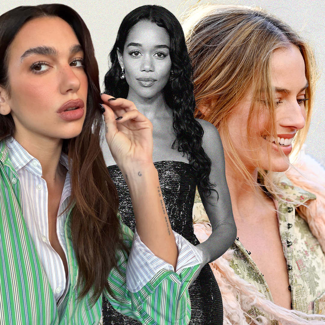 A collage of images from Instagram and Getty of celebrities Dua Lipa, Laura Harrier, and Margot Robbie.
