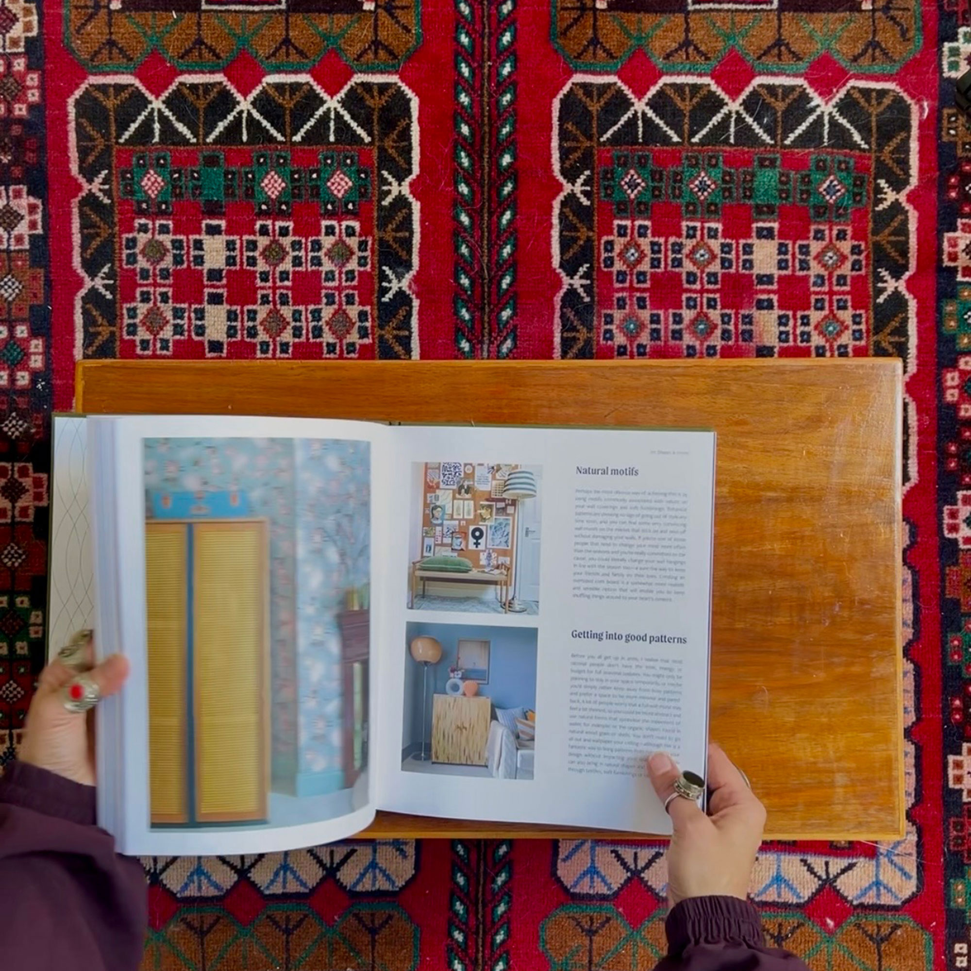 Person holding open book over patterned rug