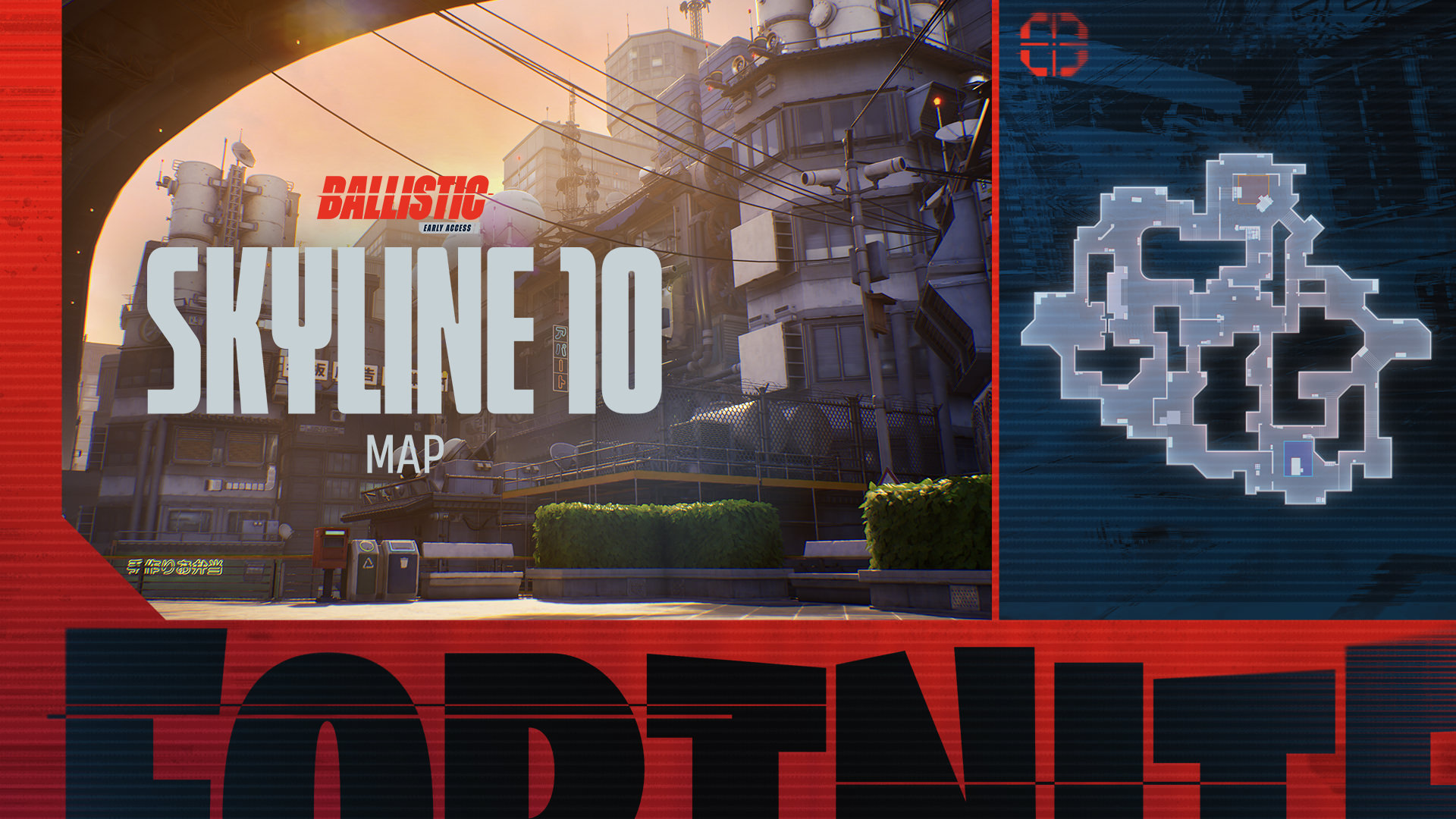 Overview of the Skyline 10 map coming to Fortnite, with map of the entire level to the right.