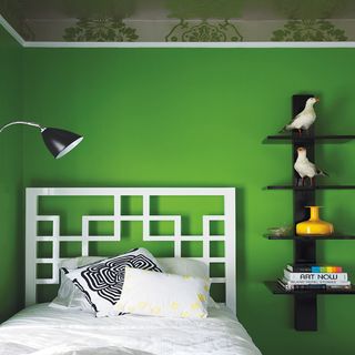guest room with green wall ladder shelving