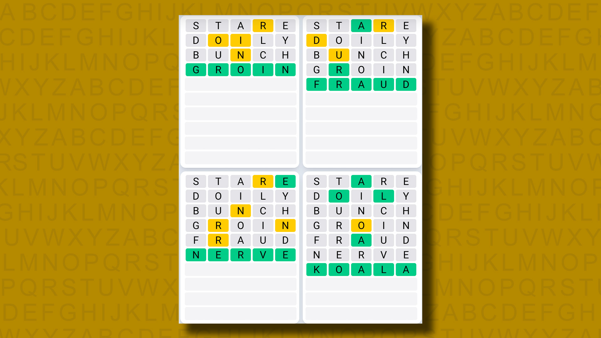 Quordle Daily Sequence Answers for Game 948 on a yellow background