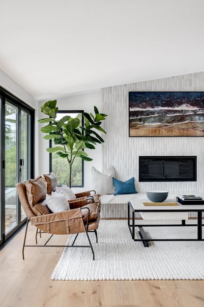 modern living room with white built in fire surround, modern seating and coffee table 