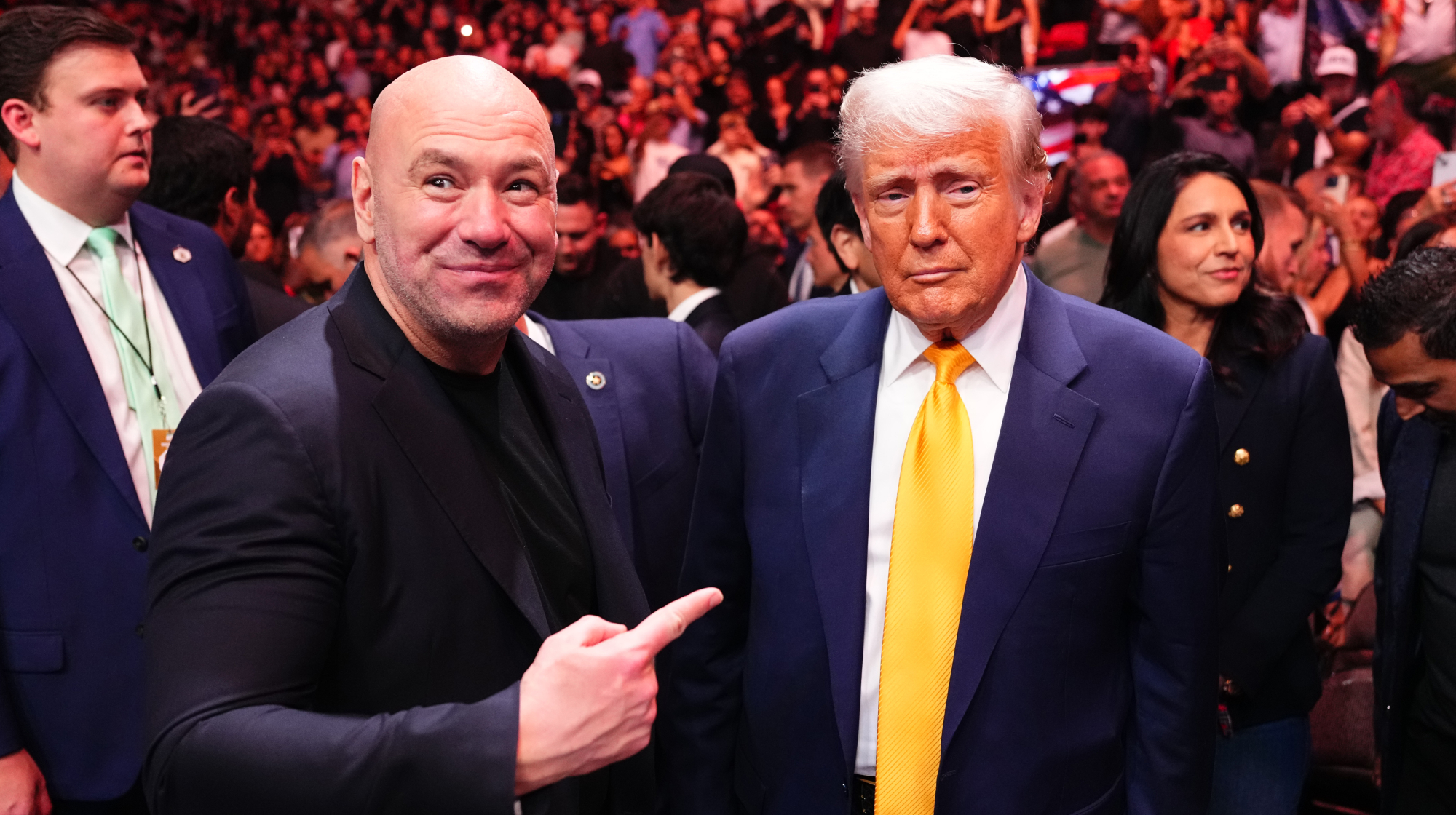 President Donald Trump attends the UFC 314 event alongside UFC President and CEO Dana White at Kaseya Center on April 12, 2025 in Miami, Florida. 