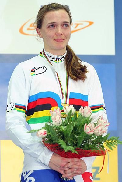 Victoria Pendleton (Great Britain) wears the rainbow jersey and gold medal earned through winning the women's sprint event in Pruszkow, Poland.