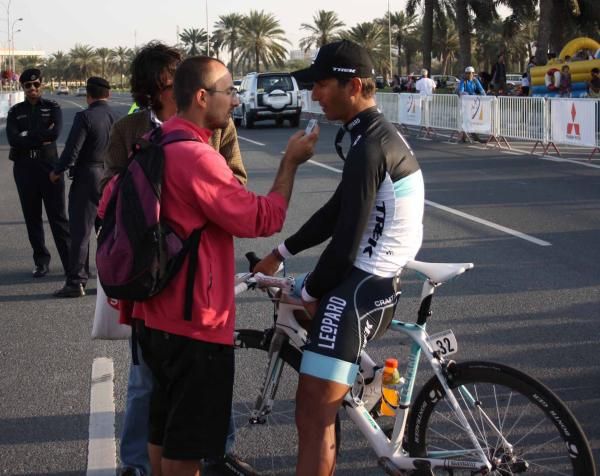 Daniele Bennati (Leopard Trek) speaks to the Italian press after the stage.