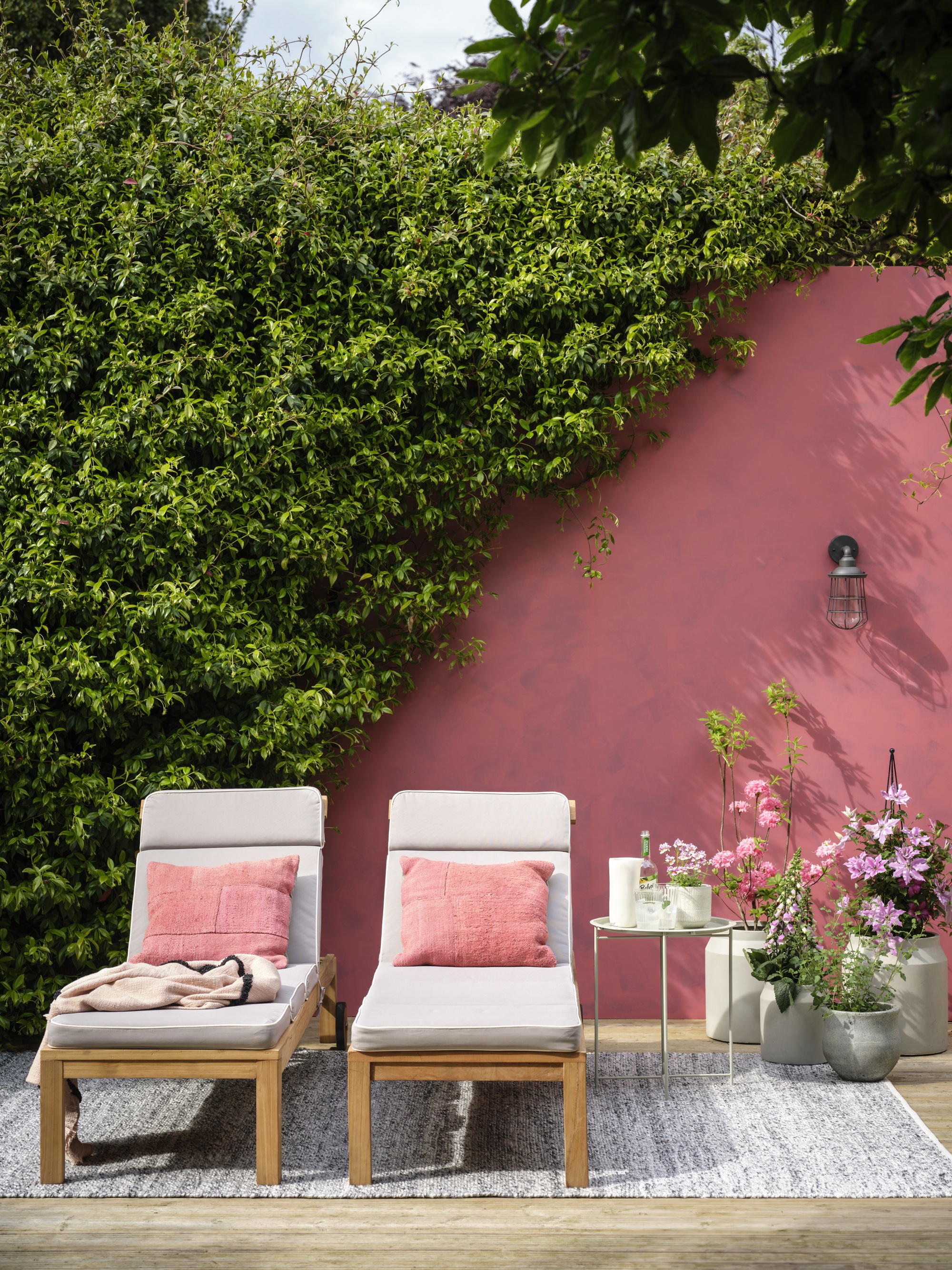 Courtyard with dusty pink walls and sun loungers