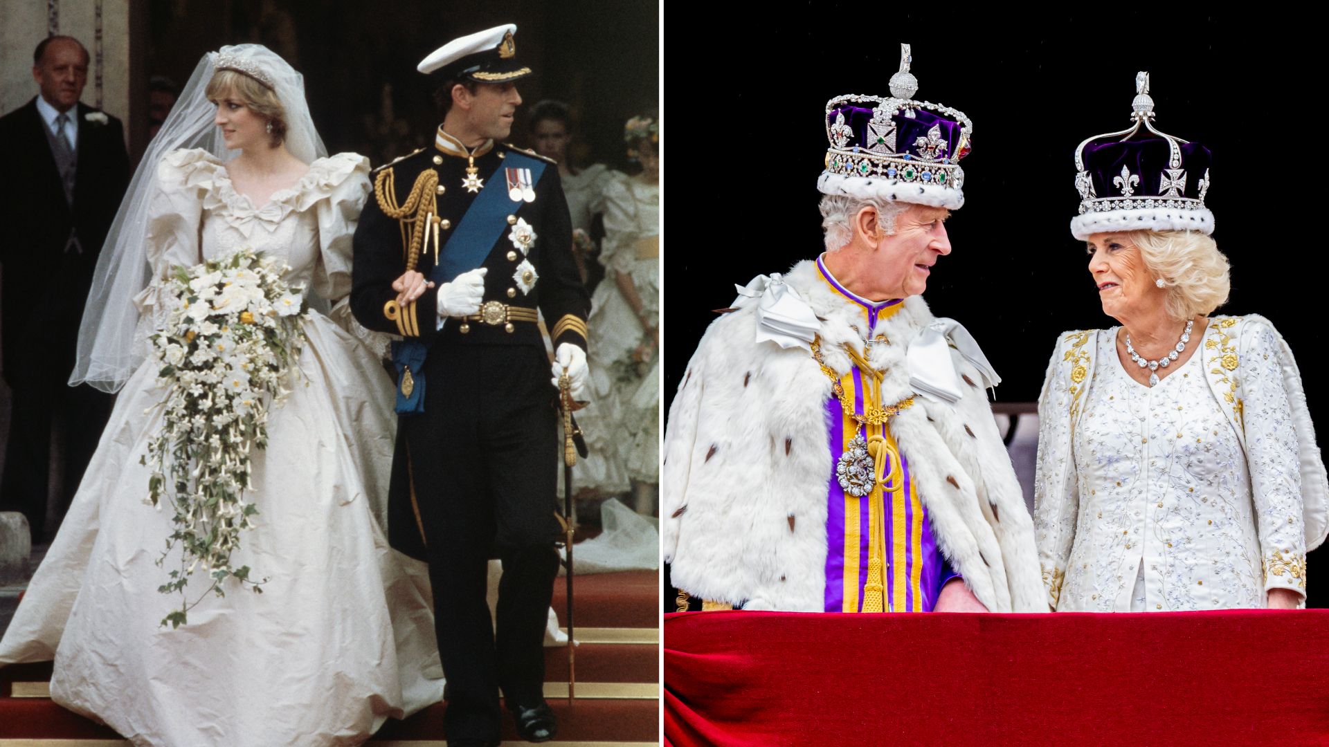 Princess Diana on her wedding day wearing a long white gown and standing with King Charles, who is wearing military uniform