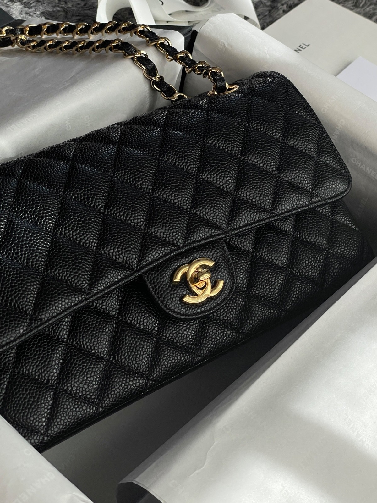 Chanel Medium Classic Double Flap Shoulder Bag Black Leather Authentic